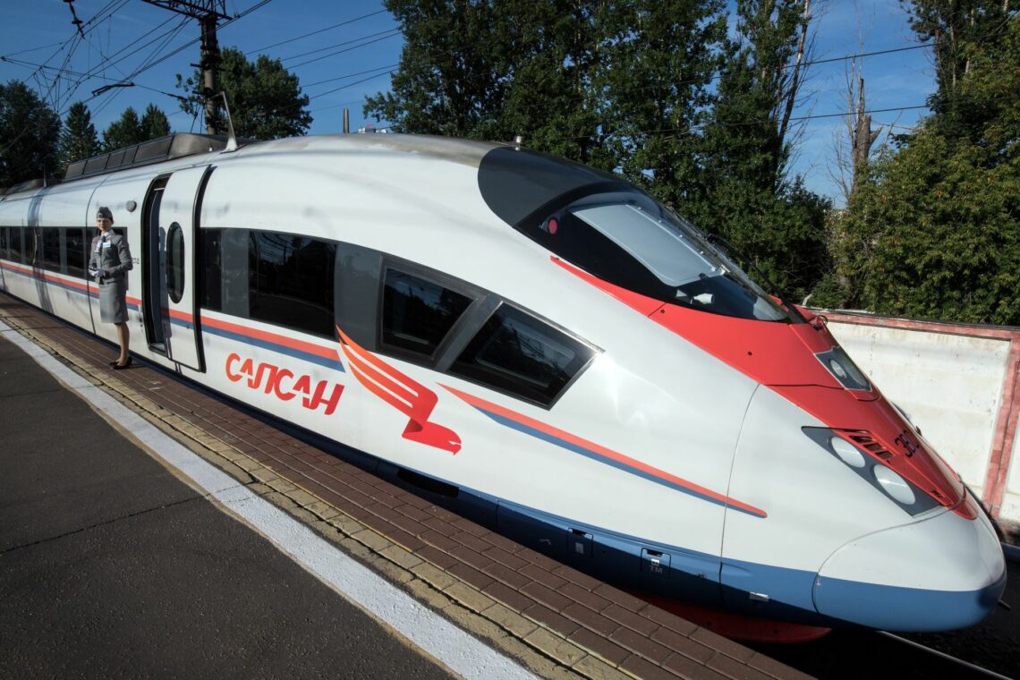 A Sapsan high-speed train arrives at Leningradsky railway terminal in Moscow in June 2018