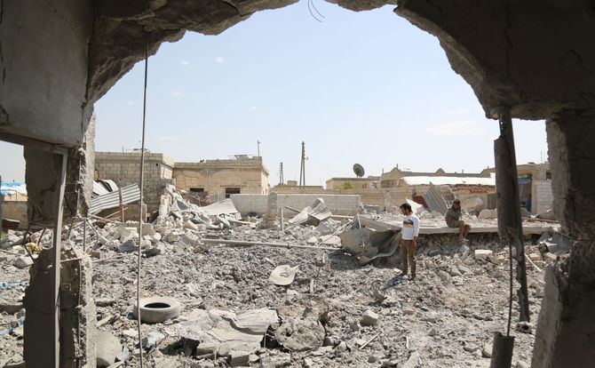 Rubble after an air strike in the Idlib governorate