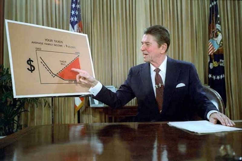 U.S. President Ronald Reagan presents a chart on his tax reduction scheme