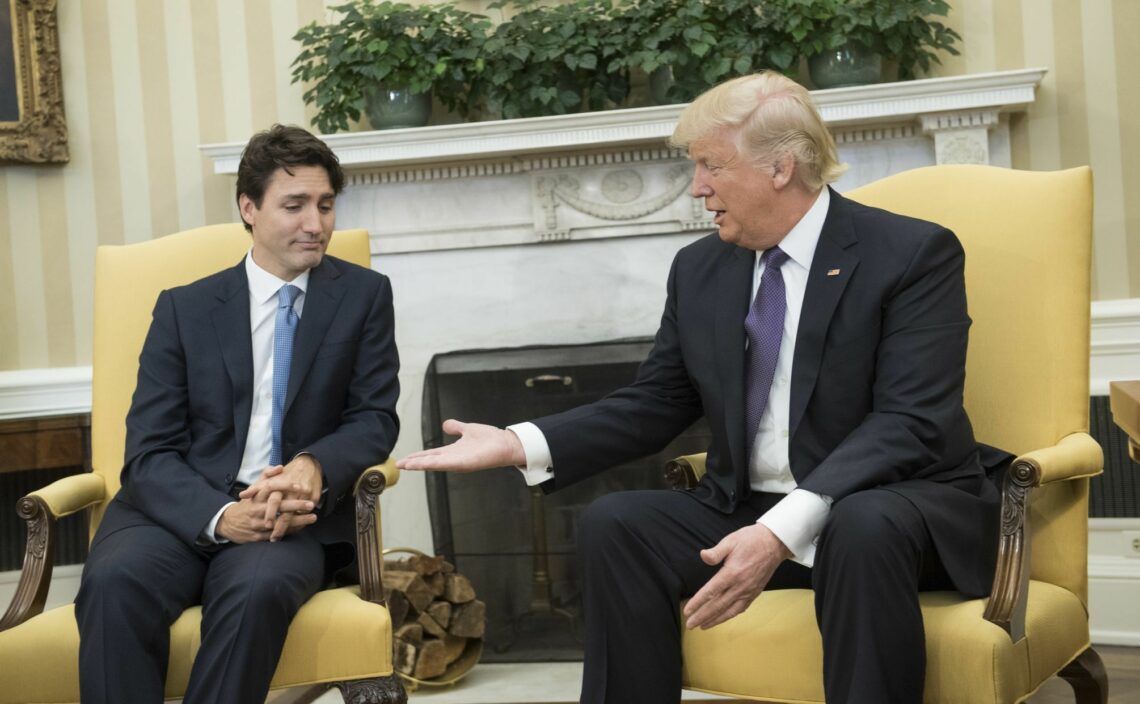Canadian Prime Minister Justin Trudeau and U.S. President Donald Trump at a meeting in the Oval Office at the White House