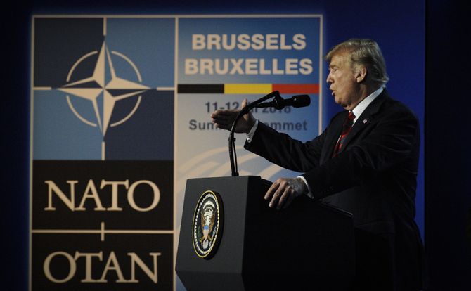 U.S. President Donald Trump giving a press conference at the July 2018 NATO summit