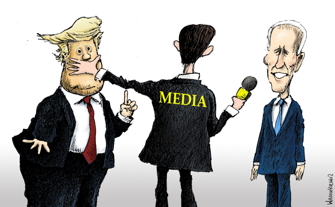 Cartoon depicting journalists silencing Donald Trump while interviewing Joe Biden