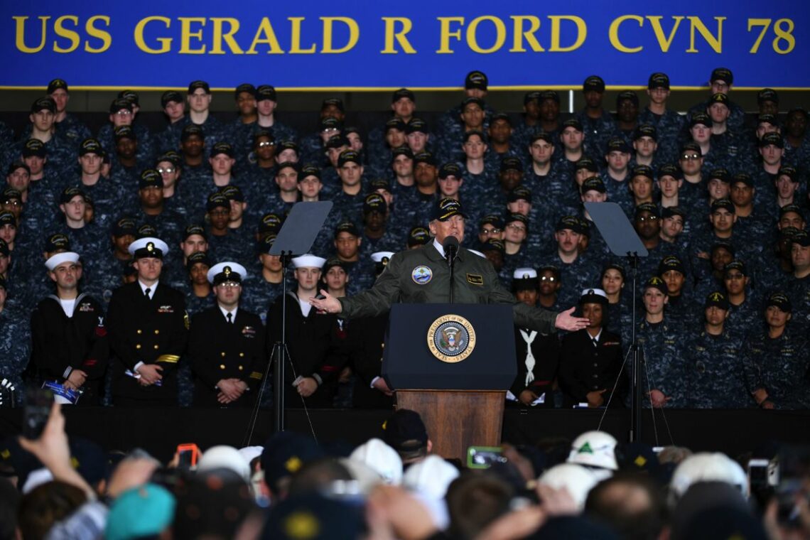 U.S. President Donald Trump addresses sailors aboard a new supercarrier