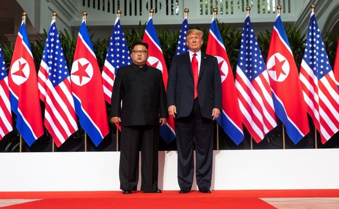 North Korea’s Kim Jong-un and U.S. President Donald Trump at June 12 summit in Singapore