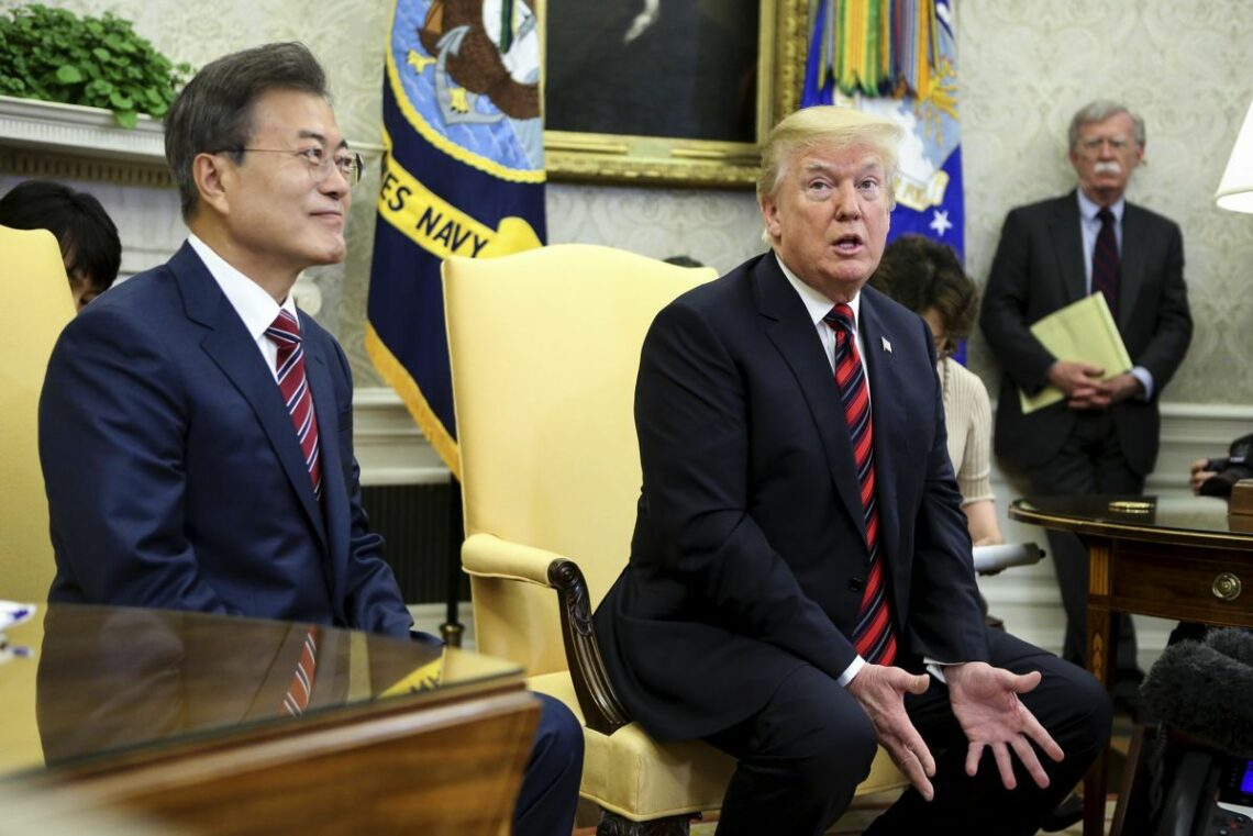 South Korean President Moon Jae-in talks with U.S. President Trump in the White House Oval Office 2019 North Korea