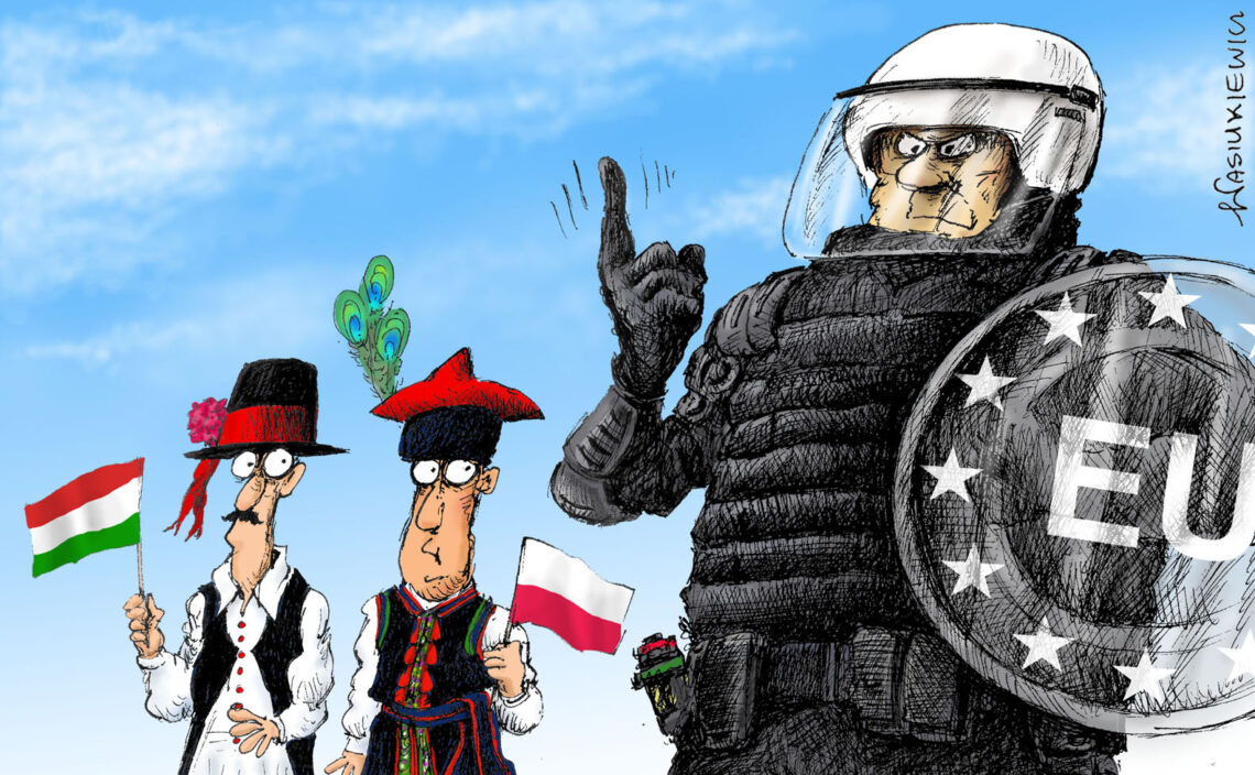 Cartoon depicting an EU policeman threatening Poland and Hungary