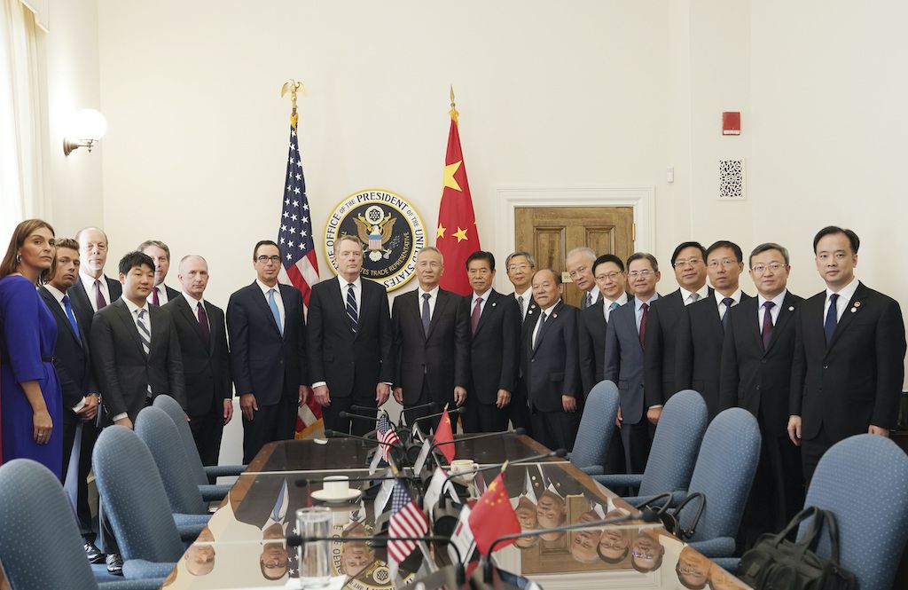 A group picture of the members of the Chinese and American trade negotiation teams in Washington in October 2019