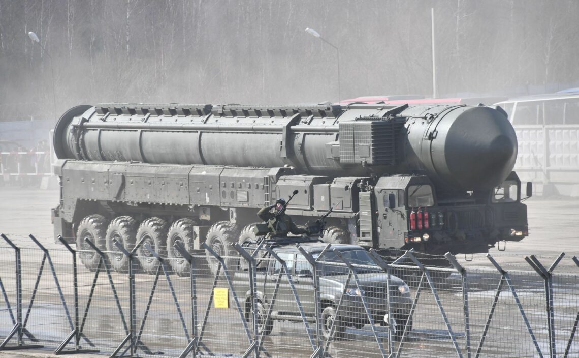 A RS-24 Yars intercontinental ballistic missile is transported during a military parade rehearsal in Russia