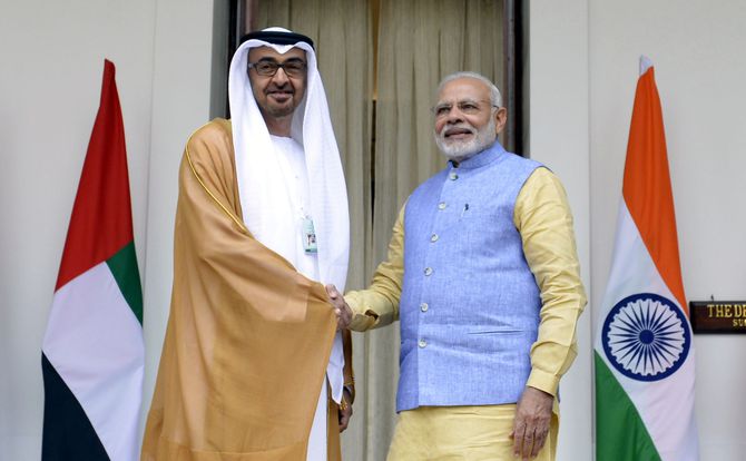 UAE Crown Prince Mohammed bin Zayed and Indian Prime Minister Narendra Modi shake hands in New Delhi in 2017
