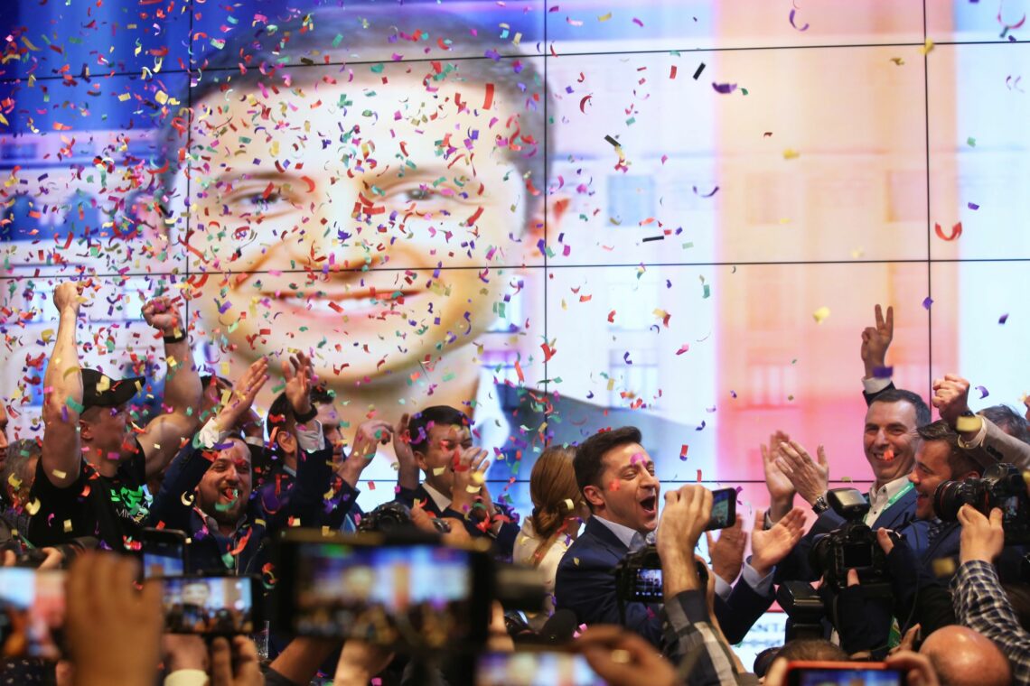 Volodymyr Zelenskiy celebrates his election as president of Ukraine in 2019