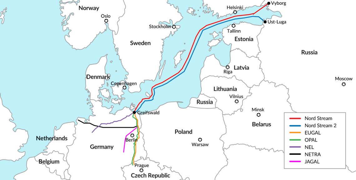 Map of Nord Stream and Nord Stream 2