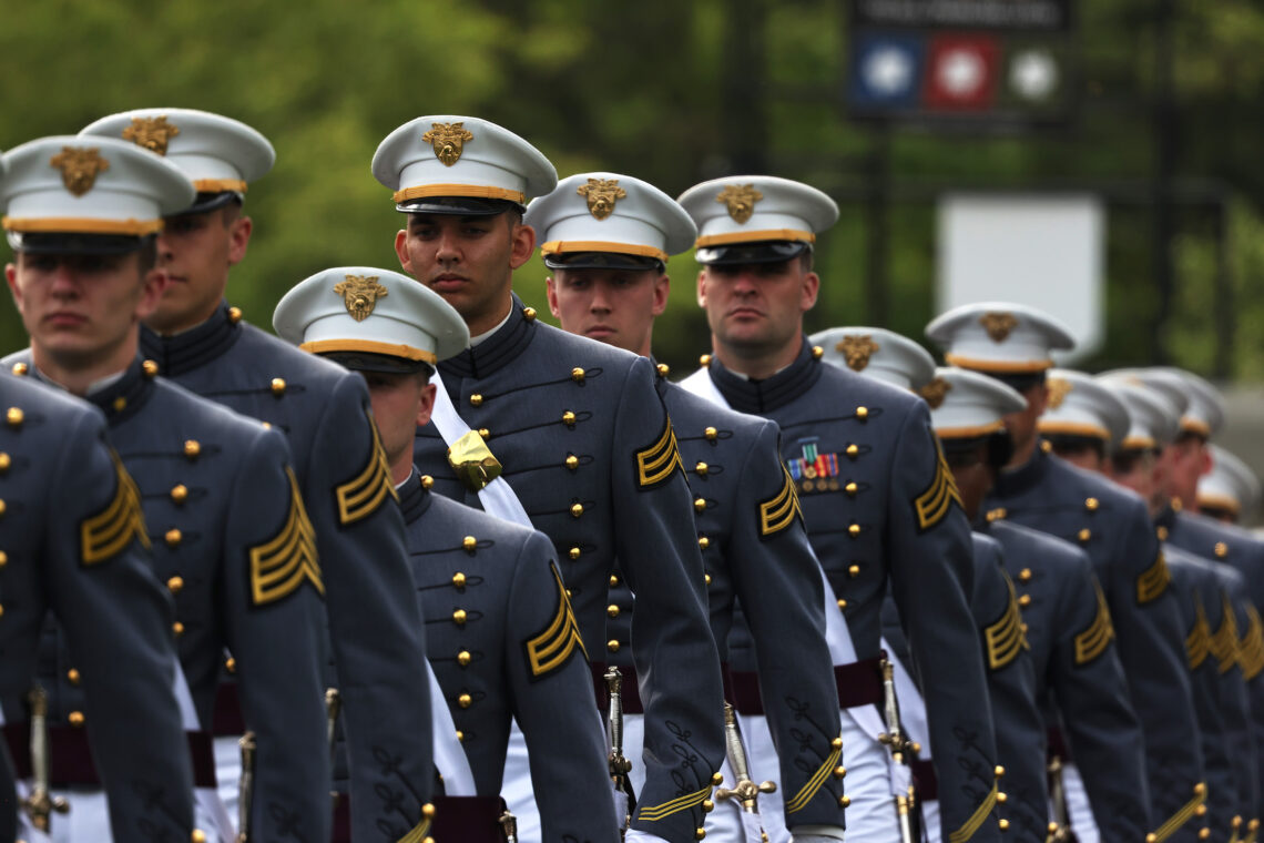 West Point cadets sit in the stands during the 2021 West Point Commencement Ceremony in Michie Stadium on May 22, 2021, in West Point, New York U.S. civilian-military