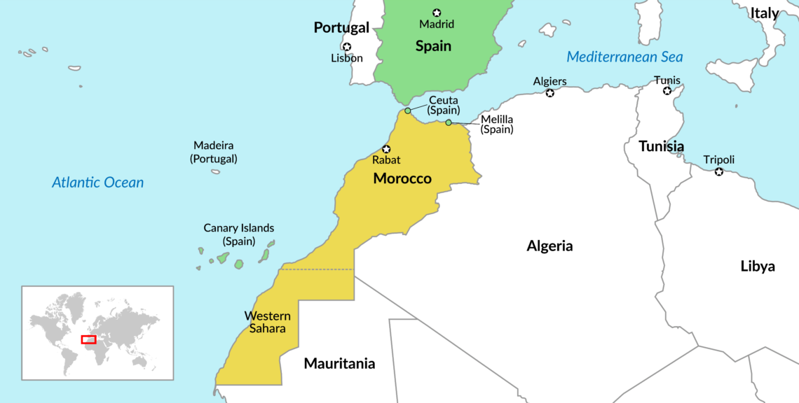 A map of Morocco and Spain weaponized migration