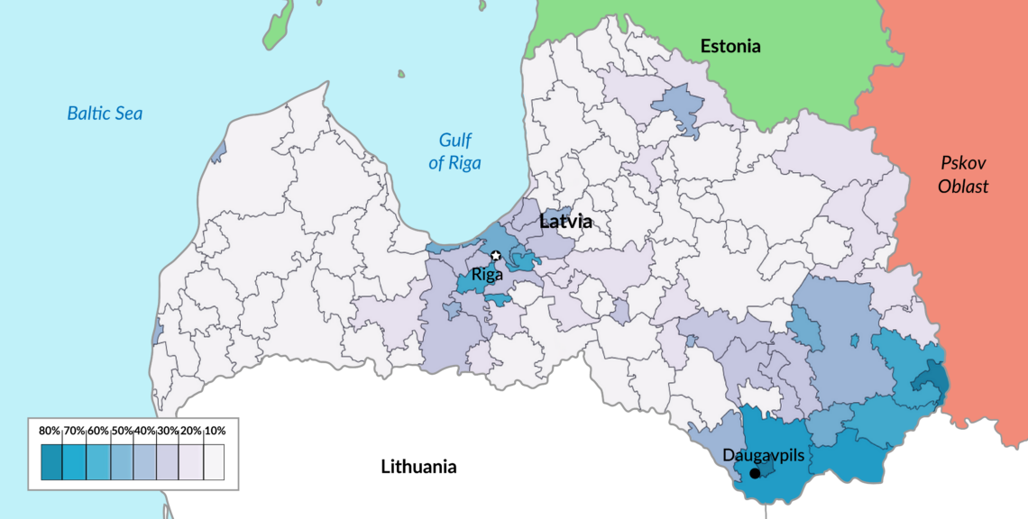 Percentage of Russian speakers per region in Latvia