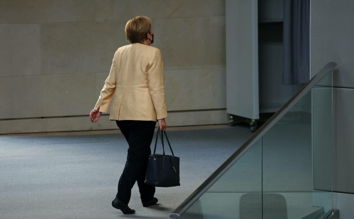 Picture of Angela Merkel leaving Germany’s federal parliament Bundestag as her last term in office approaches its end