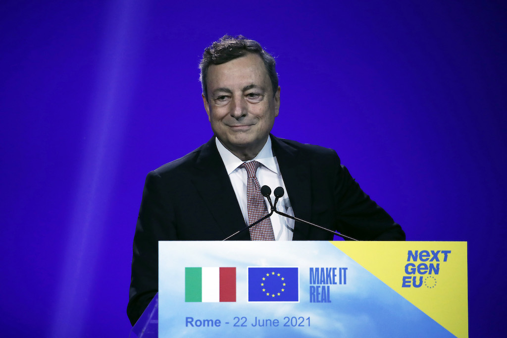 A picture of Italy’s prime minister at a June 2021 political event in Rome’s Cinecitta film studios NextGenerationEU