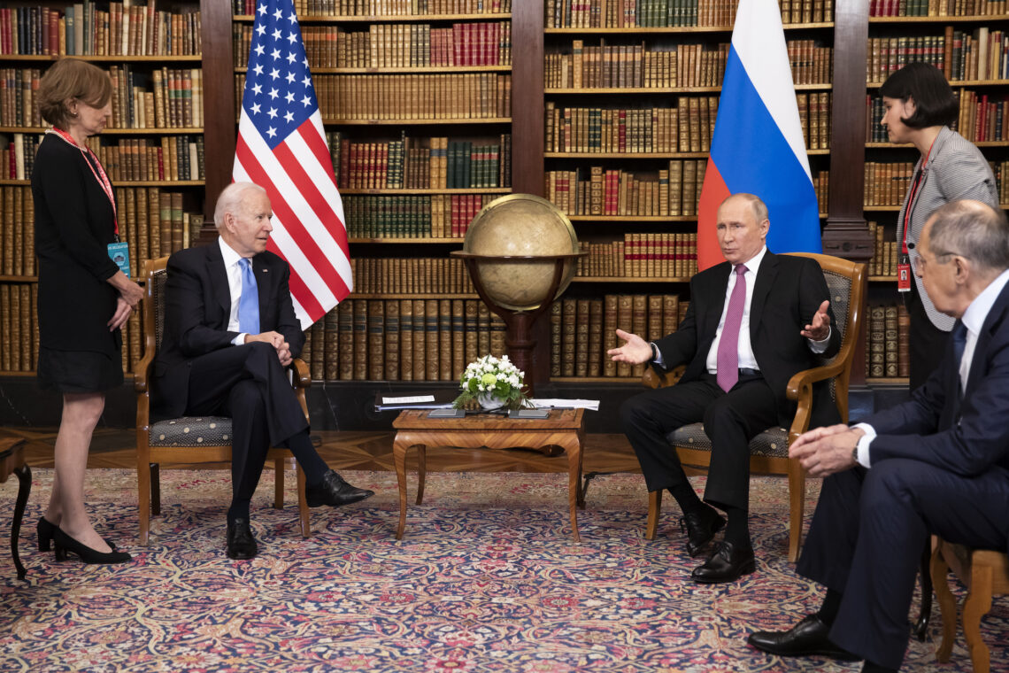 U.S. President Joe Biden (2L) and Russian President Vladimir Putin meet at Villa La Grange on June 16, 2021 in Geneva, Switzerland.