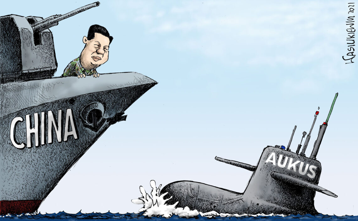 Cartoon of Xi Jinping looking at an AUKUS submarine