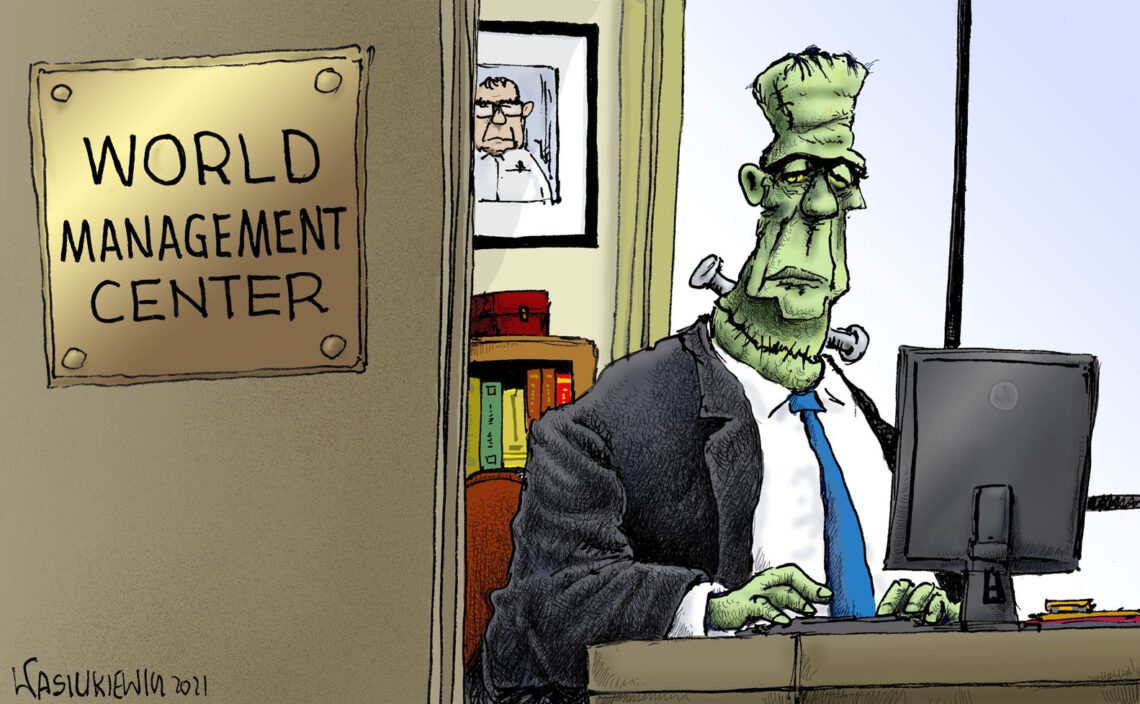 Cartoon of Frankenstein in an office