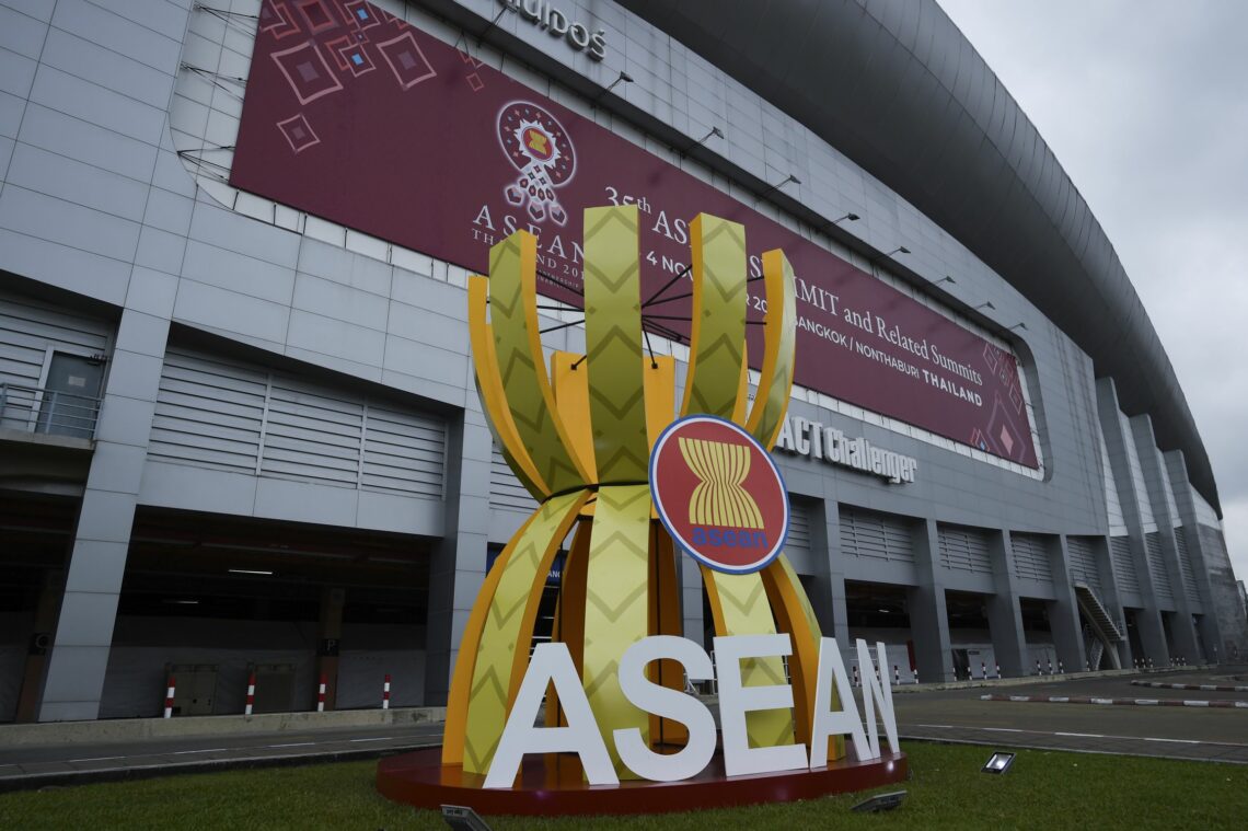 A sculpture representing the ASEAN flag at a summit of the organization in 2019