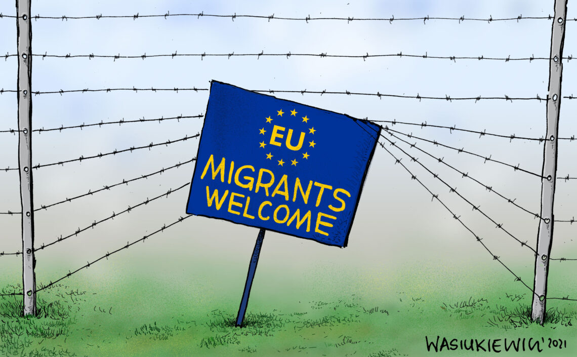 A cartoon lampooning the inconsistency in the EU’s policy on migration