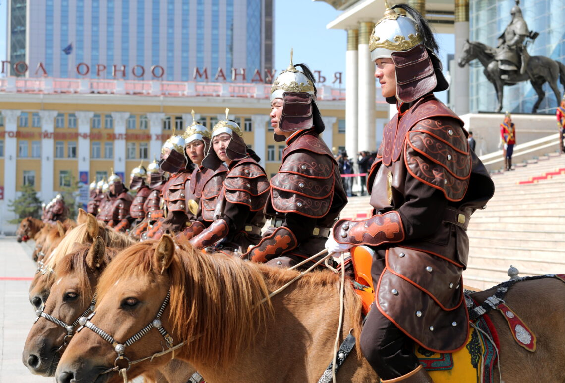 Horsemen dressed as Genghis Khan’s guards at a welcoming ceremony for Russian President Vladimir Putin