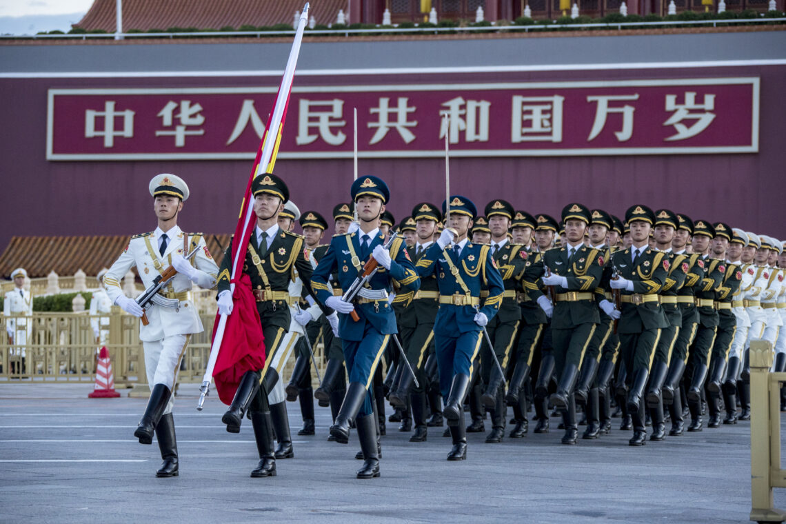 A Chinese honor guard during a flag-raising ceremony