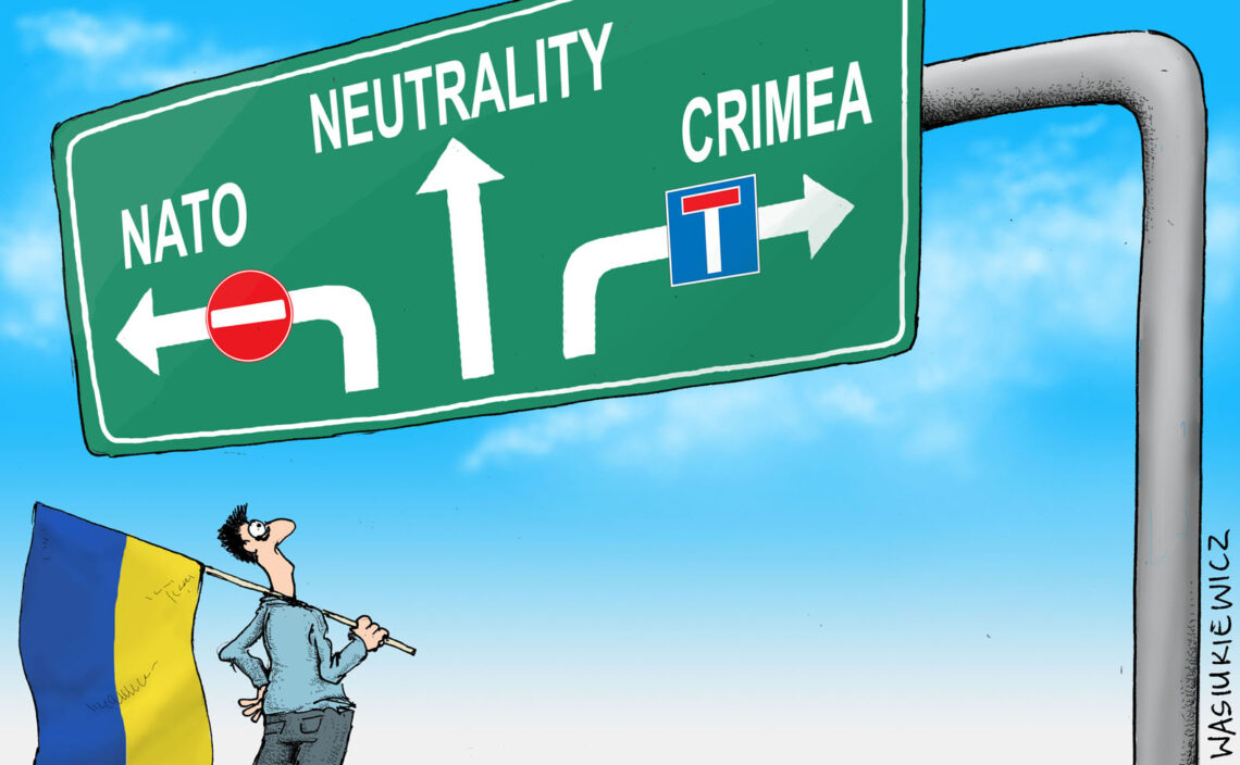 A cartoon that shows a Ukrainian looking at freeway signs Soviet Union NATO’s military