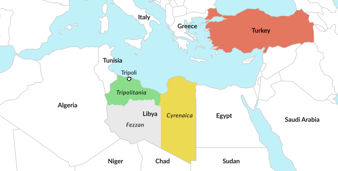 A map of Libya, Turkey and the Mediterranean Basin