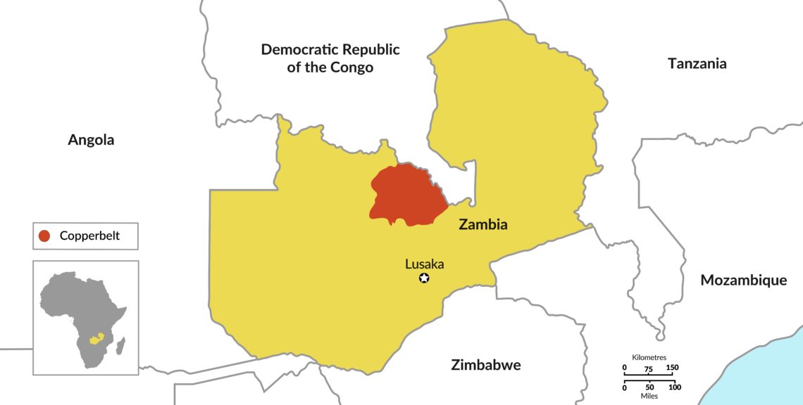 Map of Zambia in Africa, including the Copperbelt region