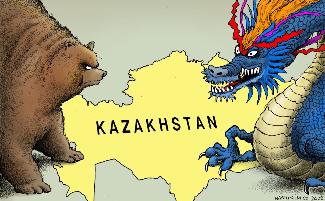 Cartoon of a bear and a dragon facing off over Kazakhstan