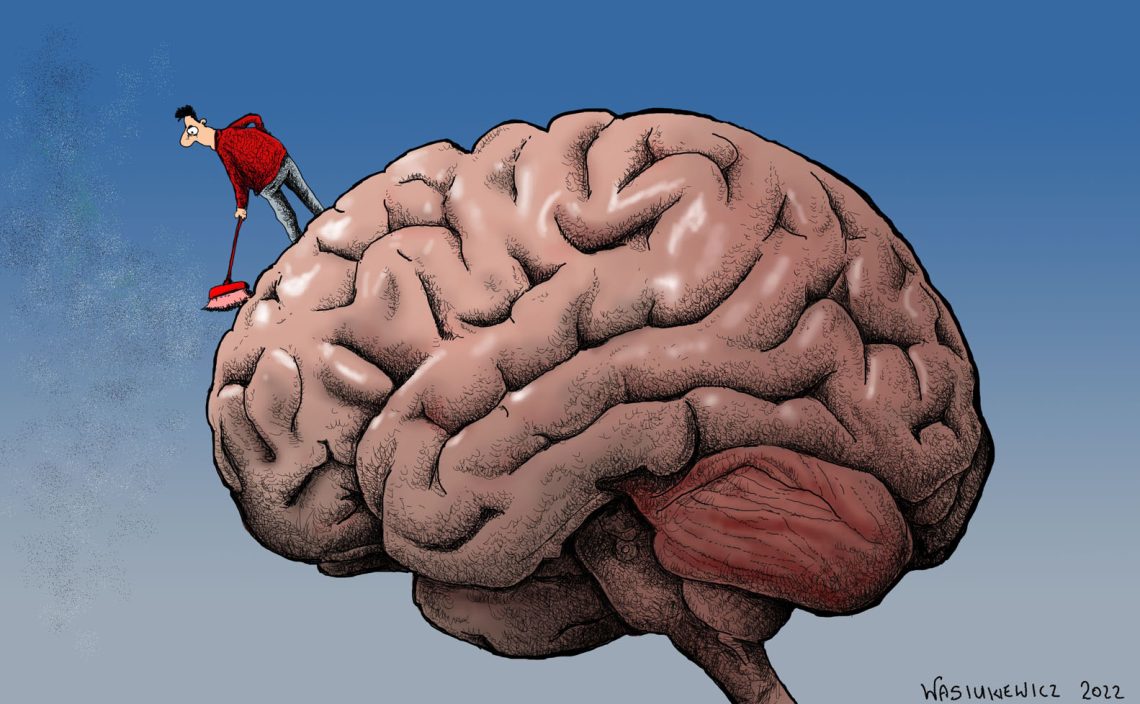 Cartoon of a man “cleaning out” a brain Optimism for 2022
