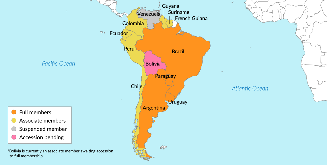 Map of Mercosur members and associate members