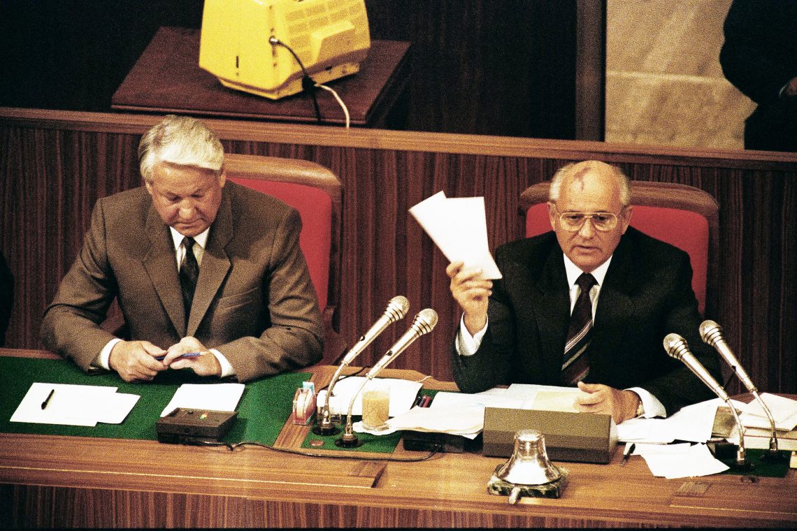 Soviet Union President Mikhail Gorbachev and Russian President Boris Yeltsin.