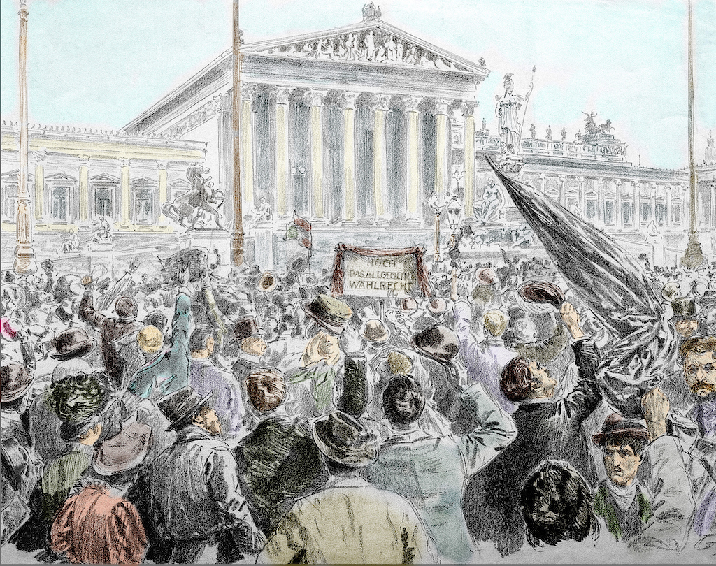 Early 20th century engraving of a public gathering in front of Vienna’s Parliament Palace 