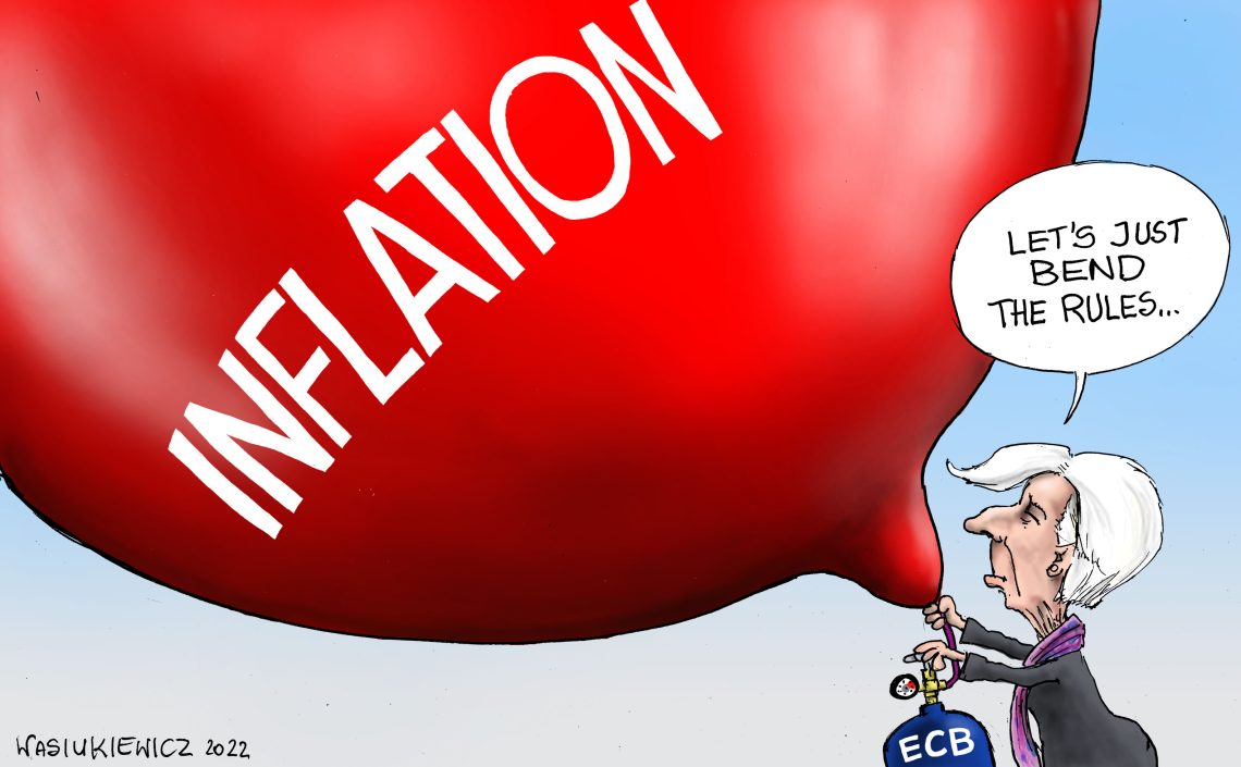 ECB President Christine Lagarde pumps up a balloon labeled “Inflation”