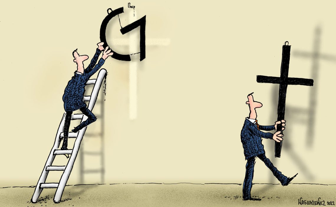 Cartoon of a G7 logo being replaced with a cross