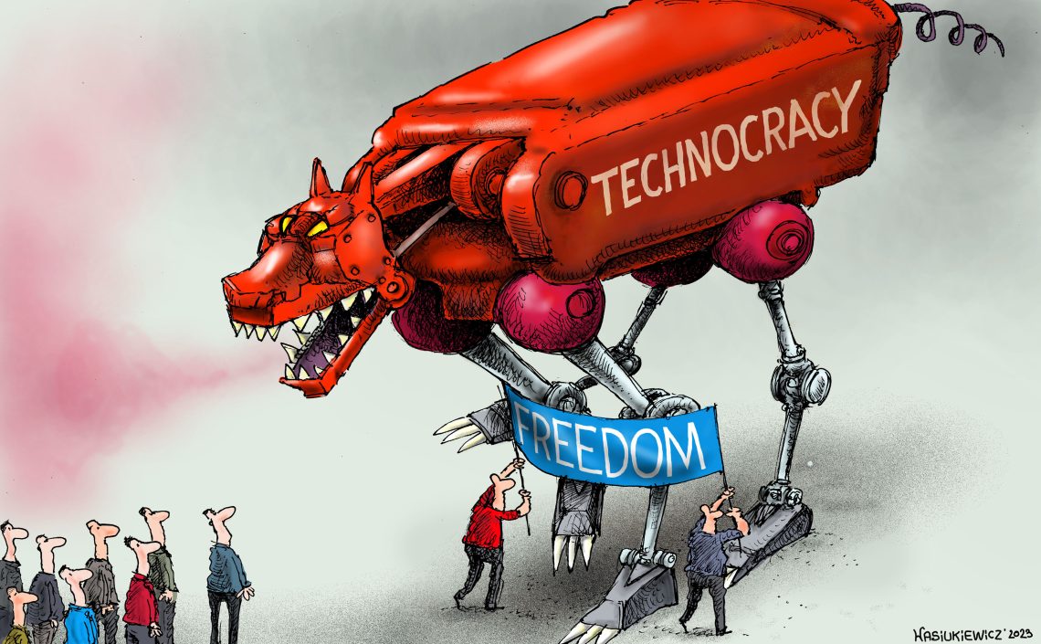 Citizens trip up a monstrous technocratic machine with a "freedom" banner.