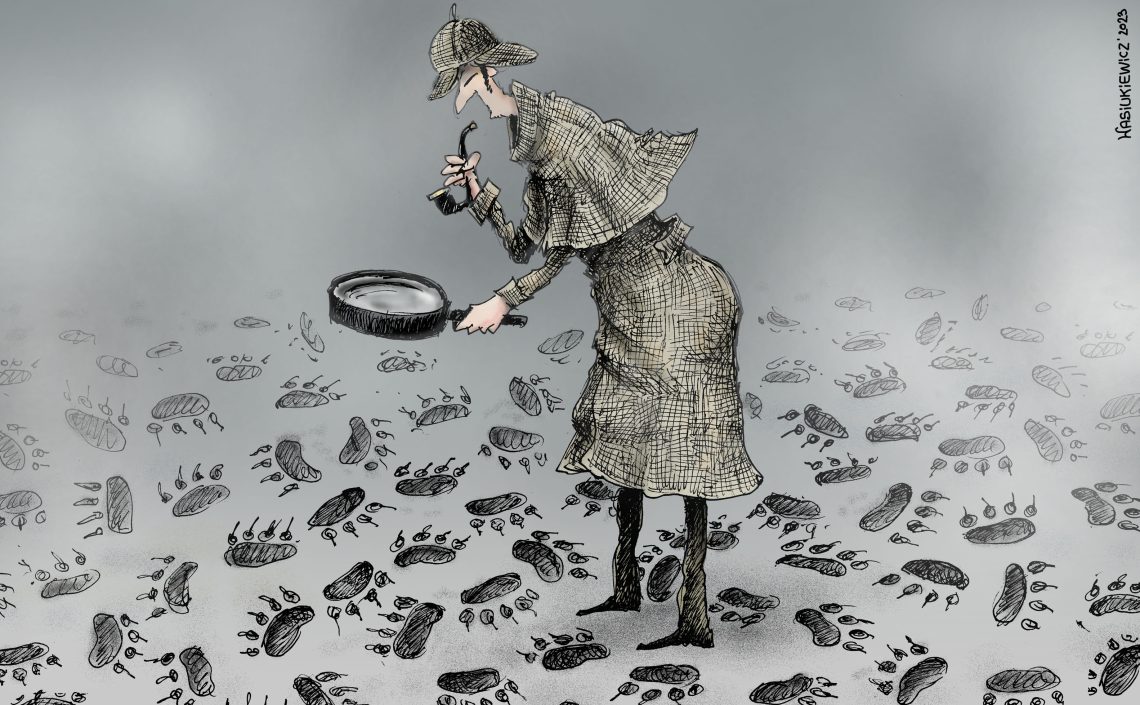 Cartoon of Sherlock Holmes looking at bear tracks