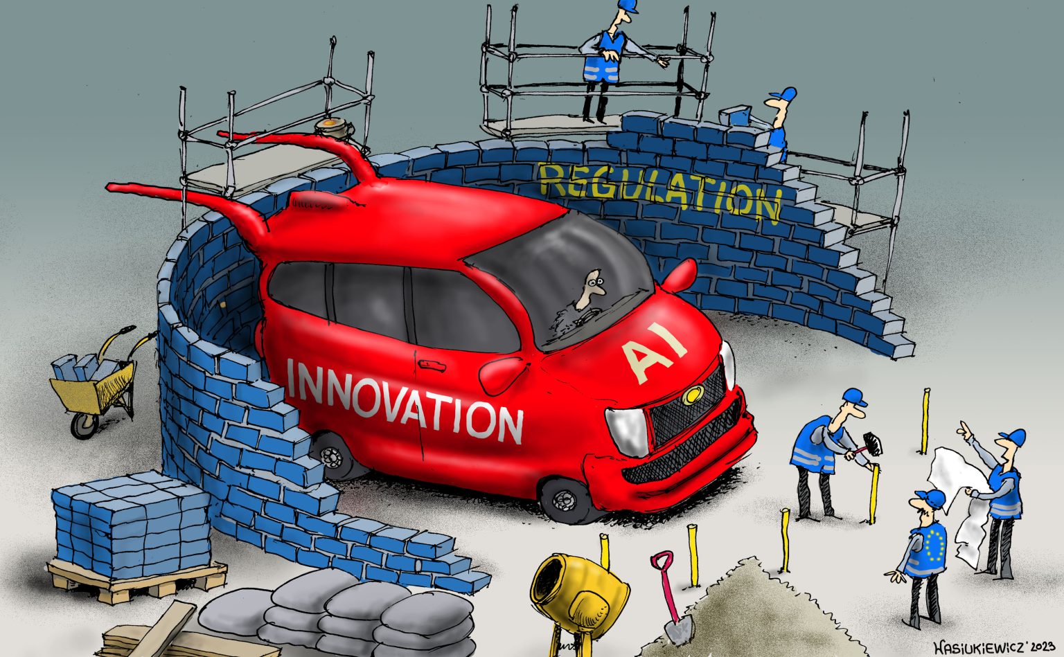 Cartoon of an innovative AI car walled in by EU regulation
