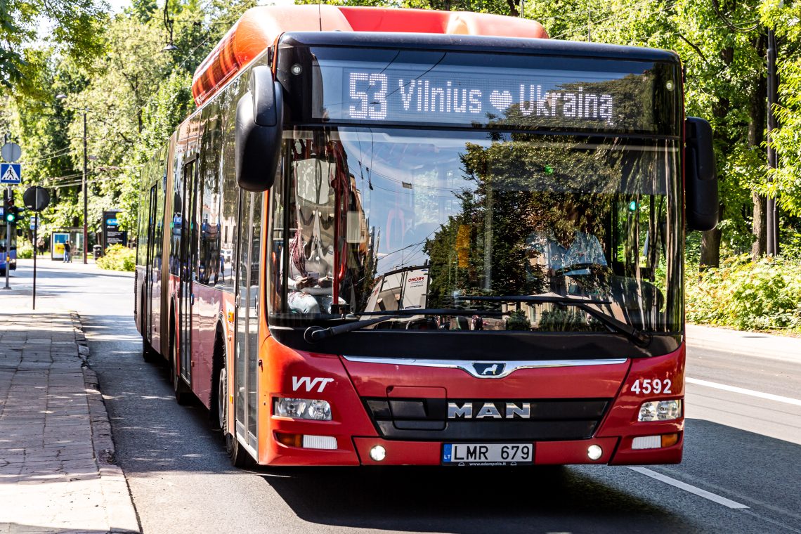A bus with a sign that reads “Vilnius loves Ukraine”