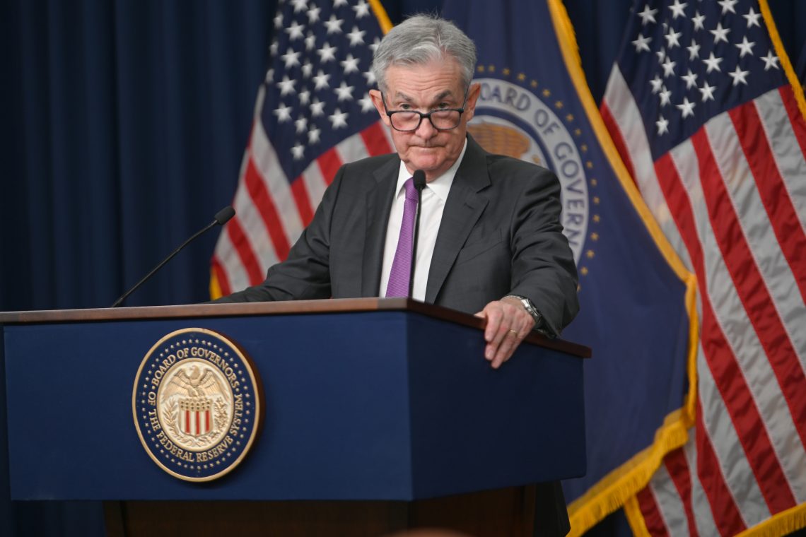 Fed Chair Jerome Powell at a podium