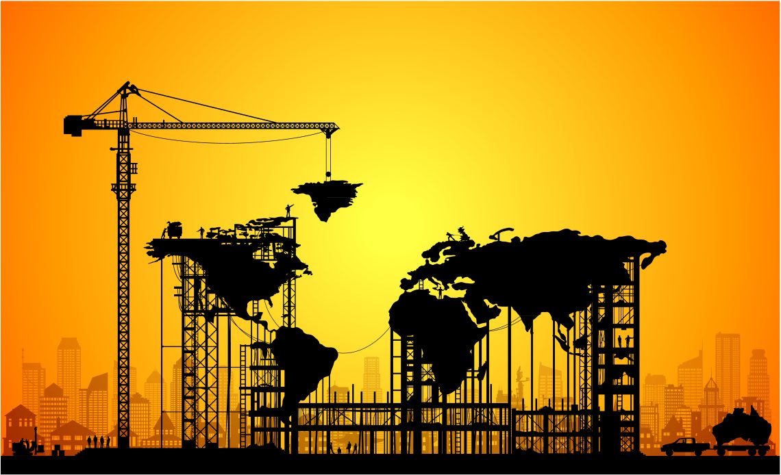 A silhouette of a construction site and a world map