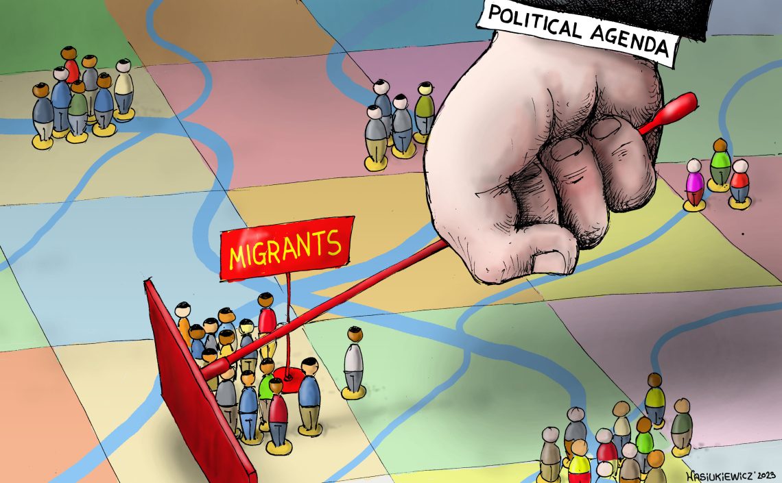 Caricatura que representa a inmigrantes