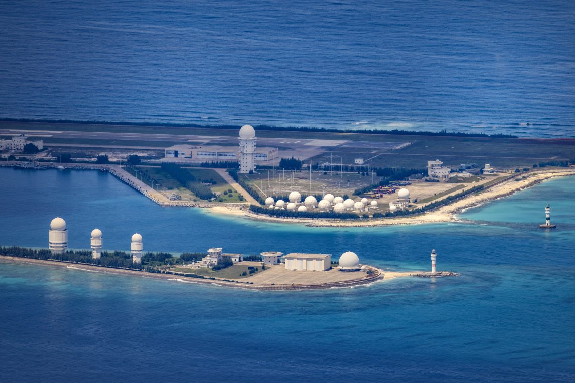 An island with white structures