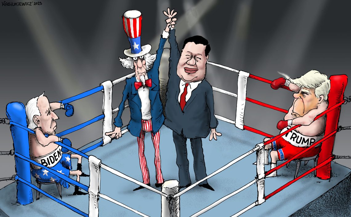 Cartoon with Biden, Trump and Xi