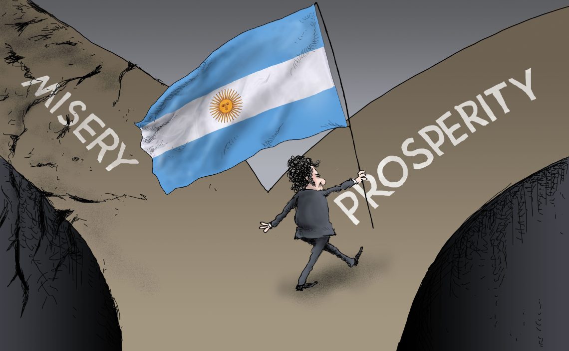 Cartoon of Javier Milei leading the way