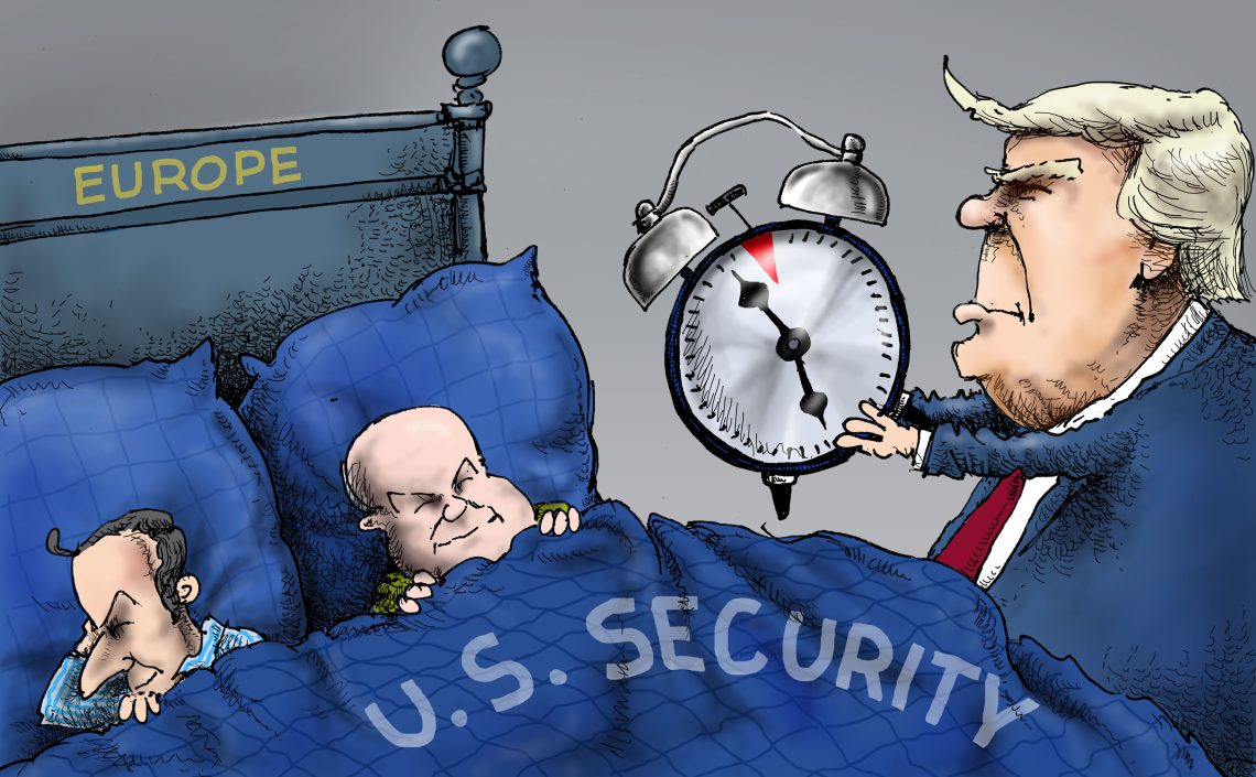 A cartoon of European leaders sleeping under the U.S. security blanket. Former President Trump sets an alarm clock on the bedside table.