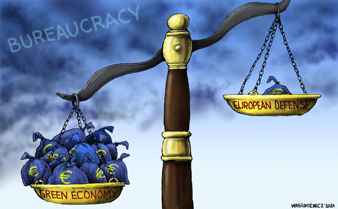 Cartoon showing a scale with many more euros going to green economy initiatives than defense.