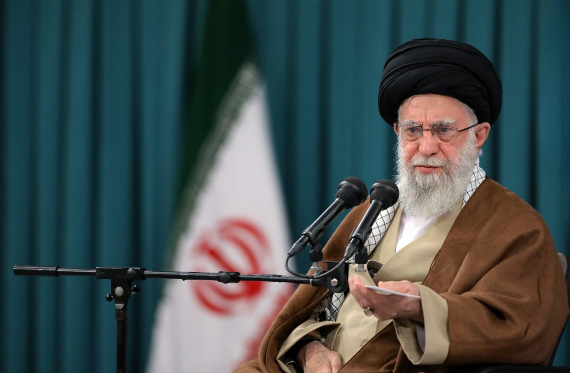 Iran’s Ali Khamenei addresses attendees at the Imam Khomeini Hussainiya in Tehran